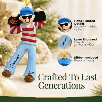 Hand-painted details and laser engraved personalization on the skateboard boy christmas ornament, ribbon included