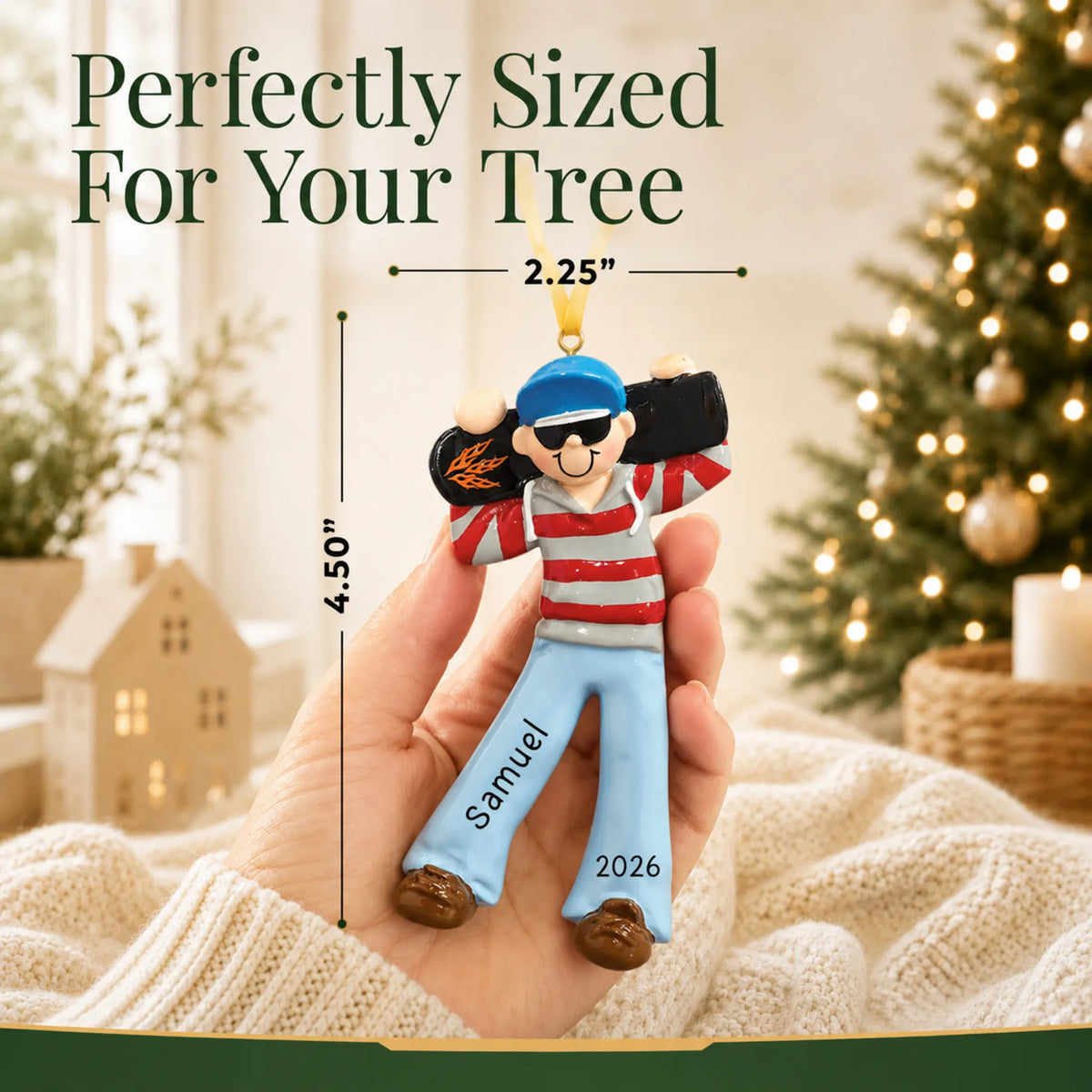 Size guide: the personalized skateboard boy christmas ornament shown in hand next to a Christmas tree
