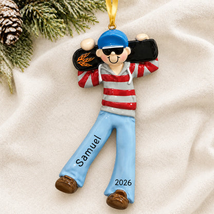 Personalized skateboard boy christmas ornament laid on a soft white knit blanket