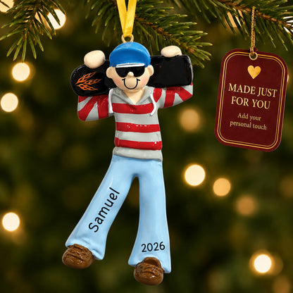 Skateboard boy christmas ornament hanging on a lit Christmas tree with a Made Just For You gift tag
