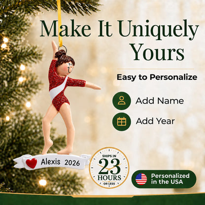 Make it yours: add name and year to the personalized red leotard gymnast christmas ornament
