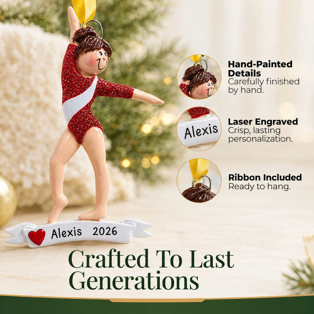 Hand-painted details and laser engraved personalization on the red leotard gymnast christmas ornament, ribbon included