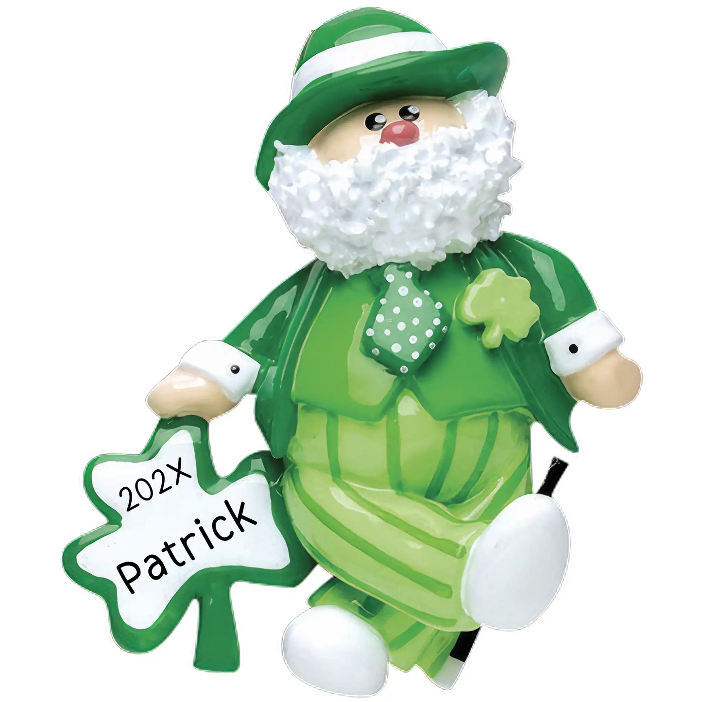 Personalized Christmas ornament featuring a jolly Santa figure dressed in a green Irish leprechaun suit with a shamrock tie, holding a large blank white shamrock ready for custom name engraving.