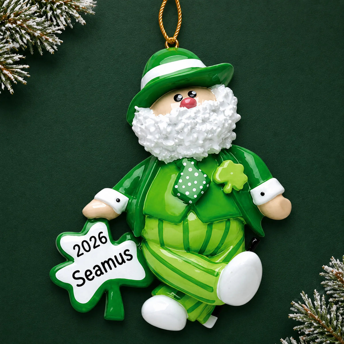 Personalized Irish Santa Christmas Leprechaun ornament on a dark green pine background