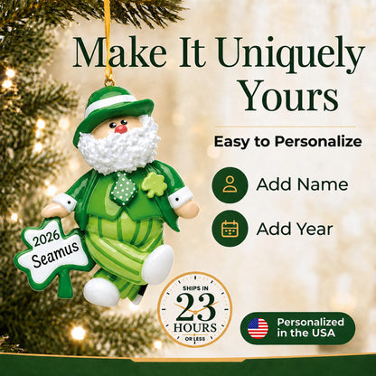 Make it yours: personalize the Irish Santa Christmas Leprechaun ornament with a name and the year