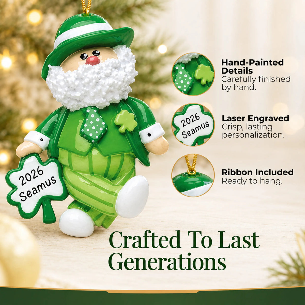Hand-painted, laser engraved Irish Santa Christmas Leprechaun ornament, ribbon included