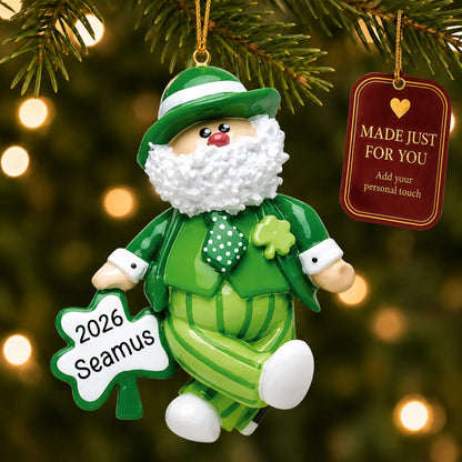 Irish Santa Christmas Leprechaun ornament hanging on a lit Christmas tree with a Made Just For You gift tag
