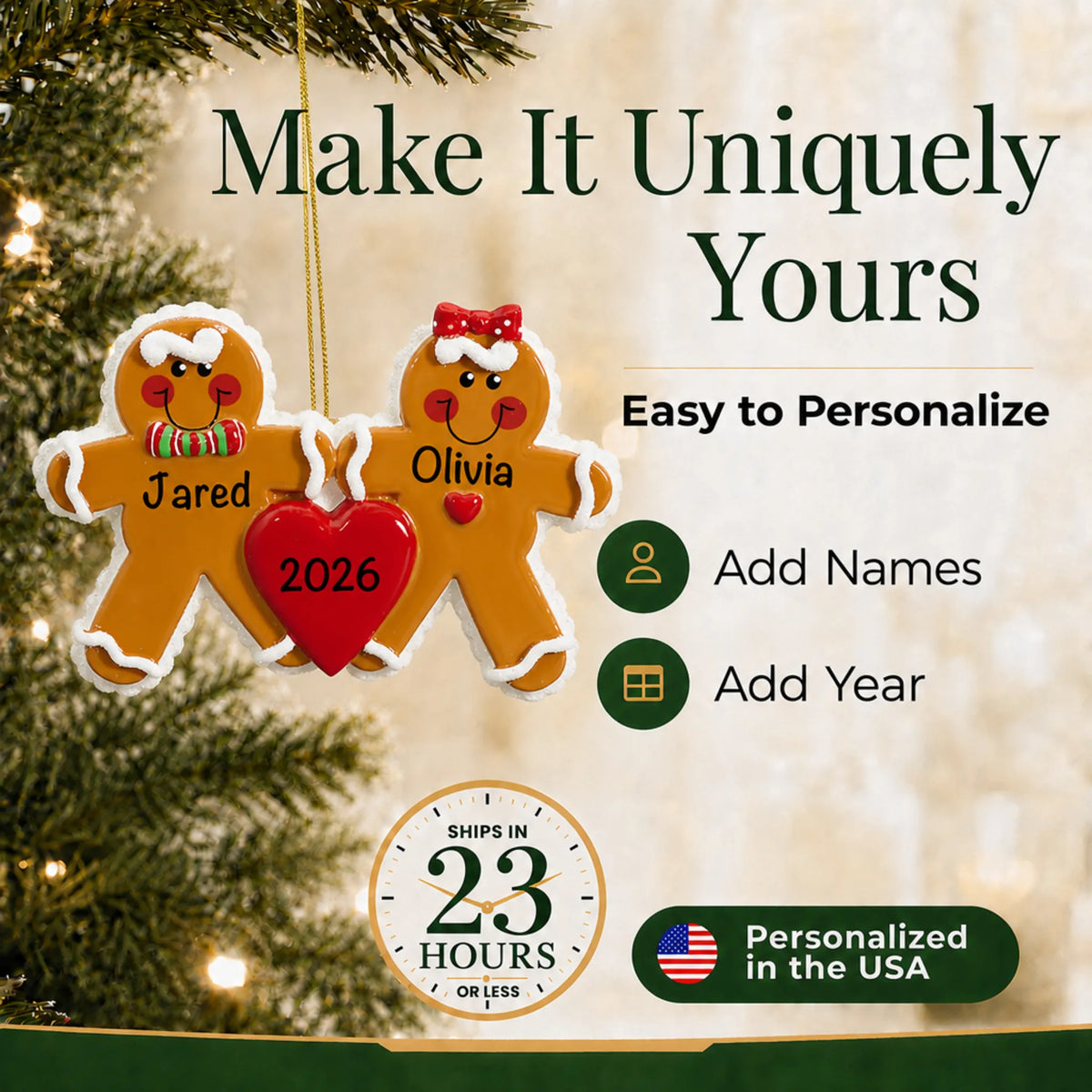 Make it yours: add names to the personalized gingerbread love couple christmas ornament