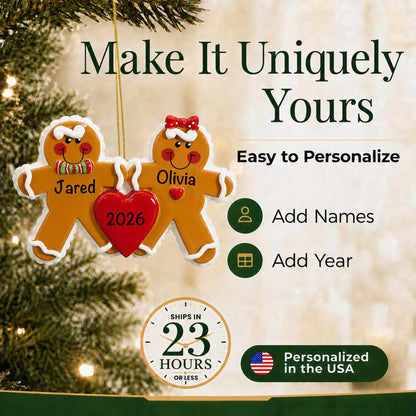 Make it yours: add names to the personalized gingerbread love couple christmas ornament