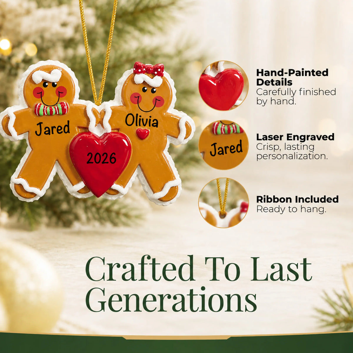 Hand-painted details and laser engraved personalization on the gingerbread love couple christmas ornament, ribbon included