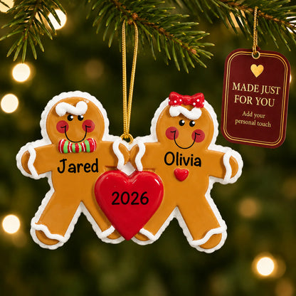 Gingerbread love couple christmas ornament hanging on a lit Christmas tree with a Made Just For You gift tag