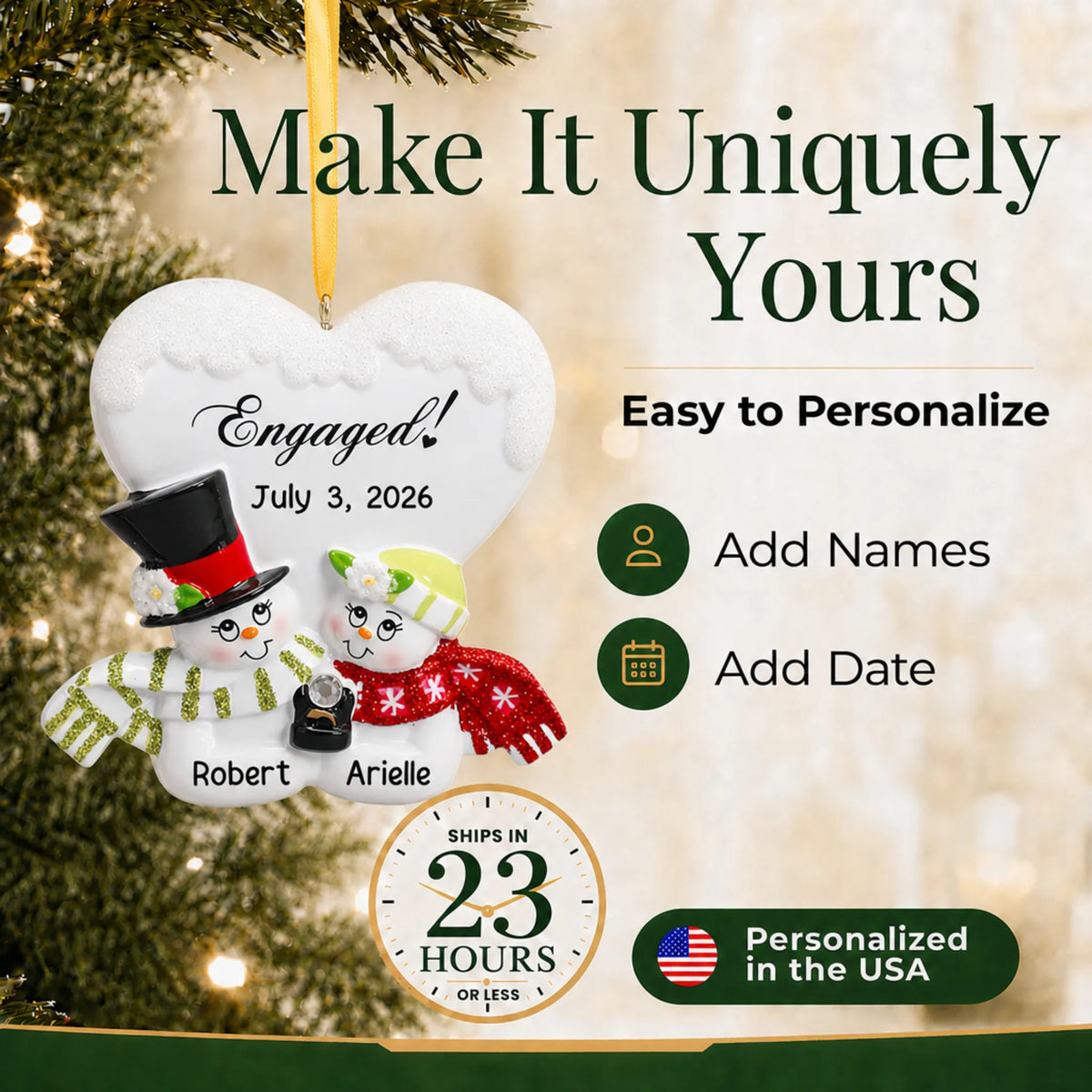 How to personalize the engaged snow couple Christmas ornament: add names and date, ships in 23 hours
