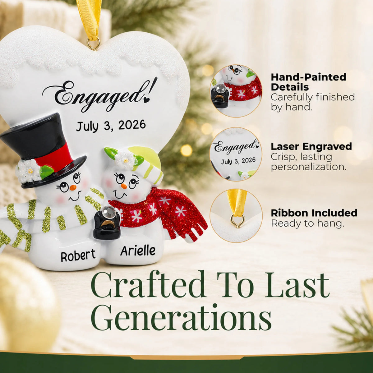 Close-up of the personalized engaged snow couple Christmas ornament: hand-painted detail, laser engraving