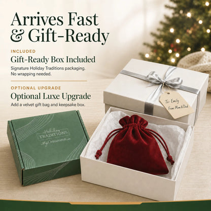Personalized engaged snow couple Christmas ornament ships in a gift-ready box, velvet bag upgrade optional