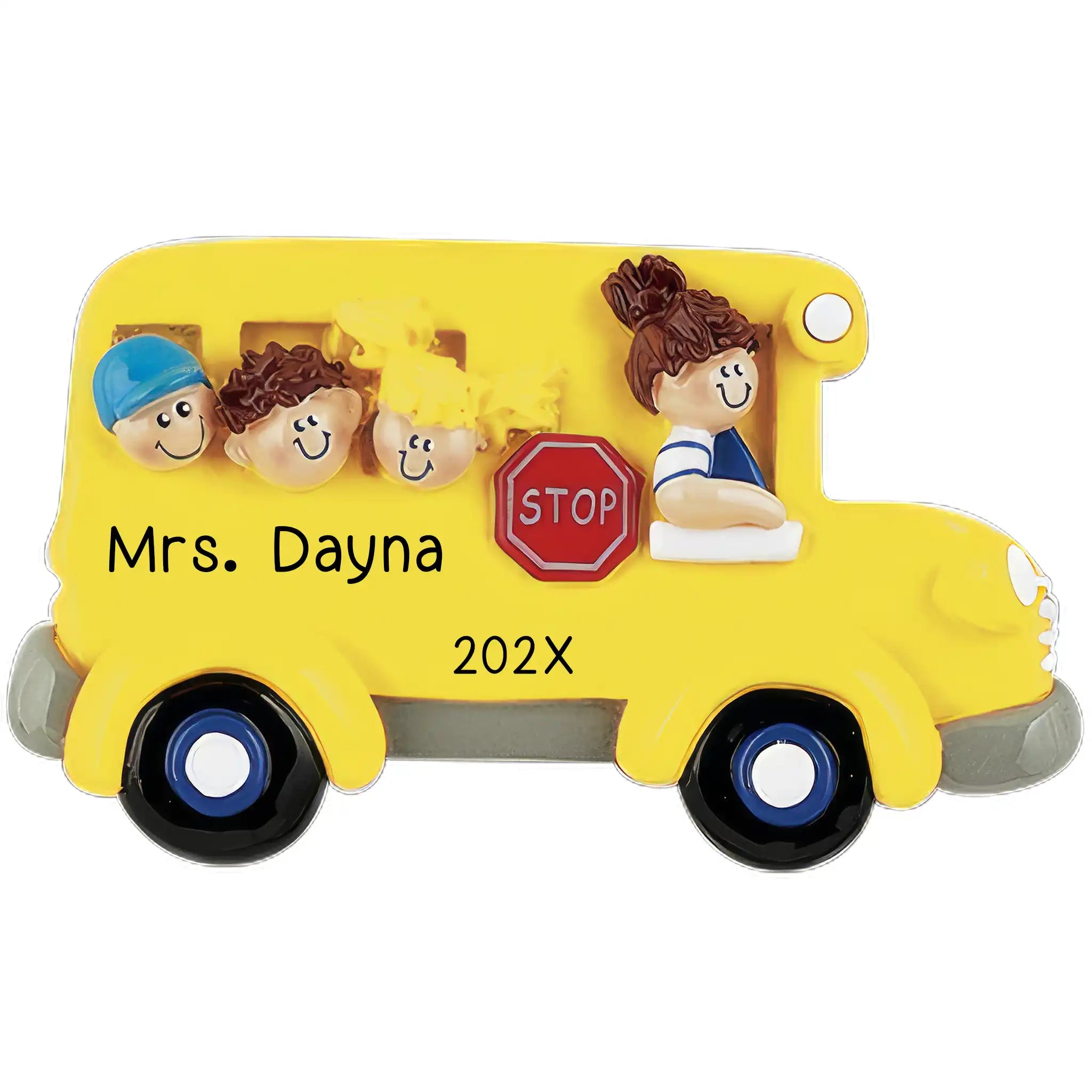 A yellow school bus with three children's faces in the windows, personalized with the name 'Mrs. Dayna' and the year '202x' on the side.