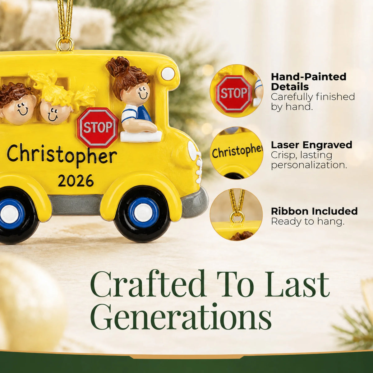 Close-up of the kids school bus Christmas ornament: hand-painted finish, laser engraving, ribbon included