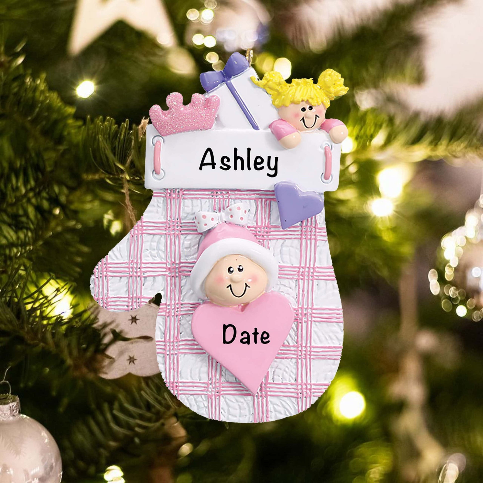 809G Personalized Pink Plaid Mitten Christmas Ornament