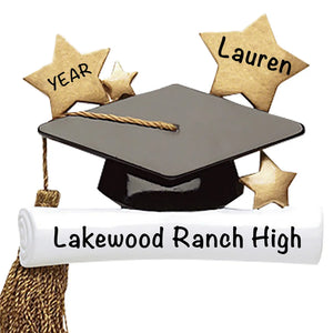 Personalized graduation Christmas ornament, engraved cap and diploma with school banner and gold star name tags