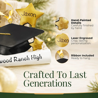 Personalized graduation Christmas ornament details: hand-painted stars, laser-engraved name, and ribbon ready to hang
