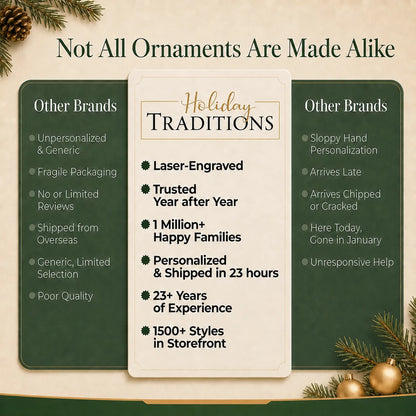 Comparison of the personalized graduation Christmas ornament vs other brands: laser-engraved, USA-made, 23-hour shipping