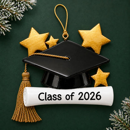 Personalized Graduation Cap christmas ornament on a dark green pine background