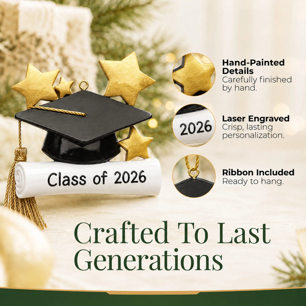 Hand-painted details and laser engraved personalization on the Graduation Cap christmas ornament, ribbon included