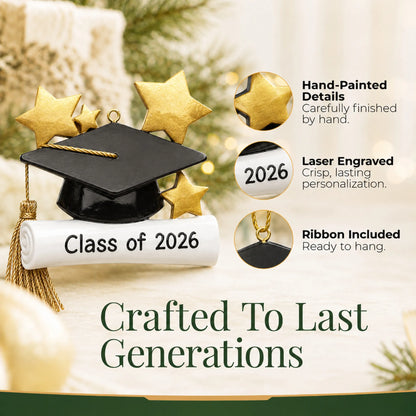 Hand-painted details and laser engraved personalization on the Graduation Cap christmas ornament, ribbon included