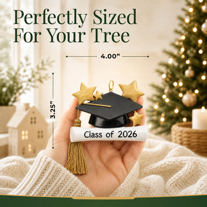 Size guide: the personalized Graduation Cap christmas ornament is 4.00 in wide by 3.25 in tall, shown in hand
