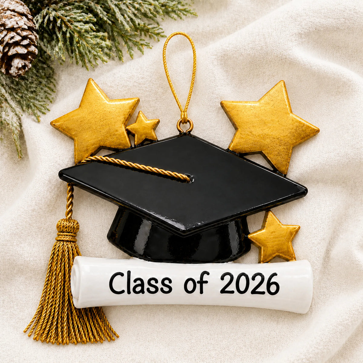 Personalized Graduation Cap christmas ornament laid on a soft white knit blanket