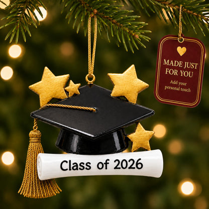 Graduation Cap christmas ornament hanging on a lit Christmas tree with a Made Just For You gift tag