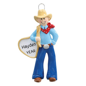 Personalized cowboy Christmas ornament, a cowboy with a lasso, laser engraved with a name.