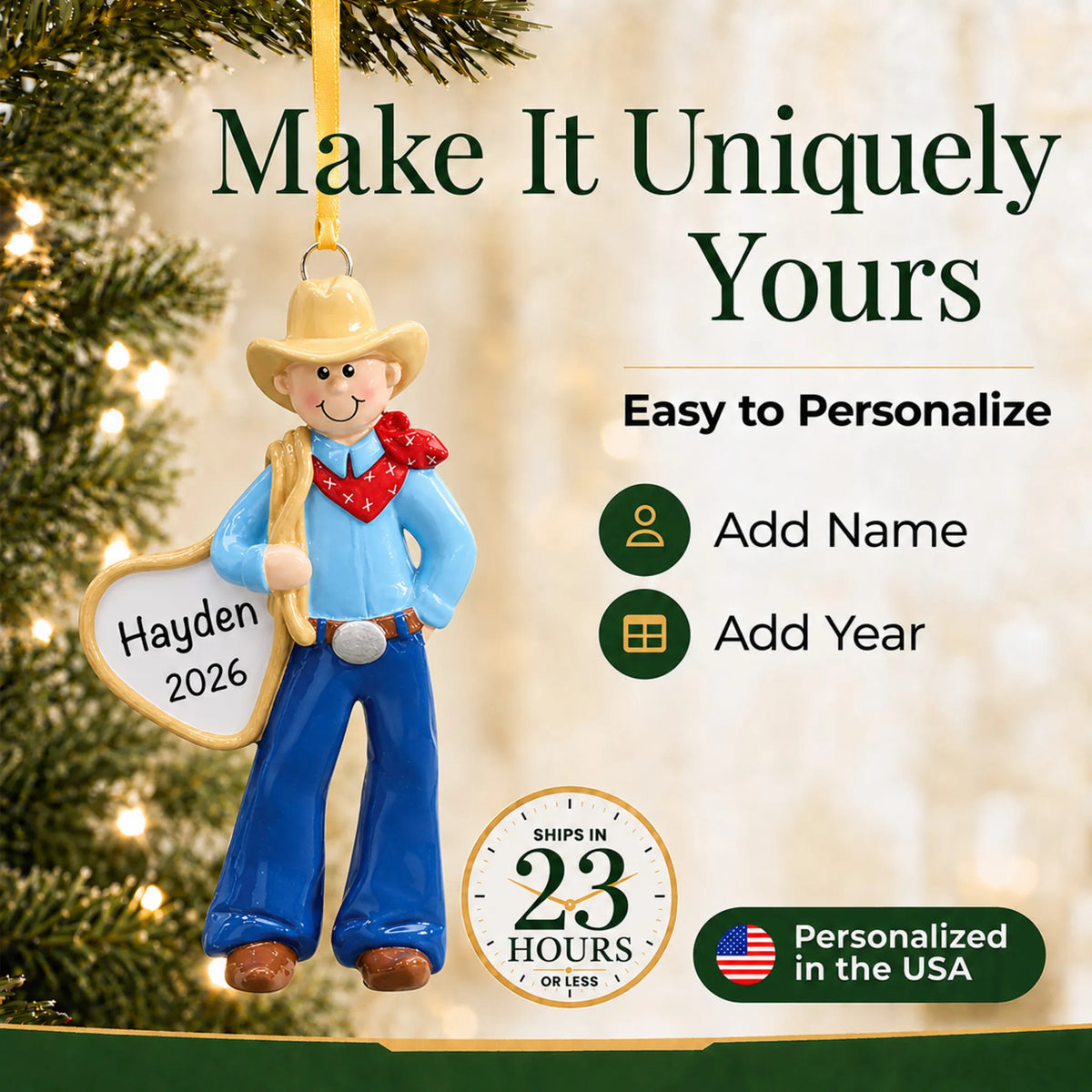 Make it yours: add name and year to the personalized cowboy rodeo christmas ornament