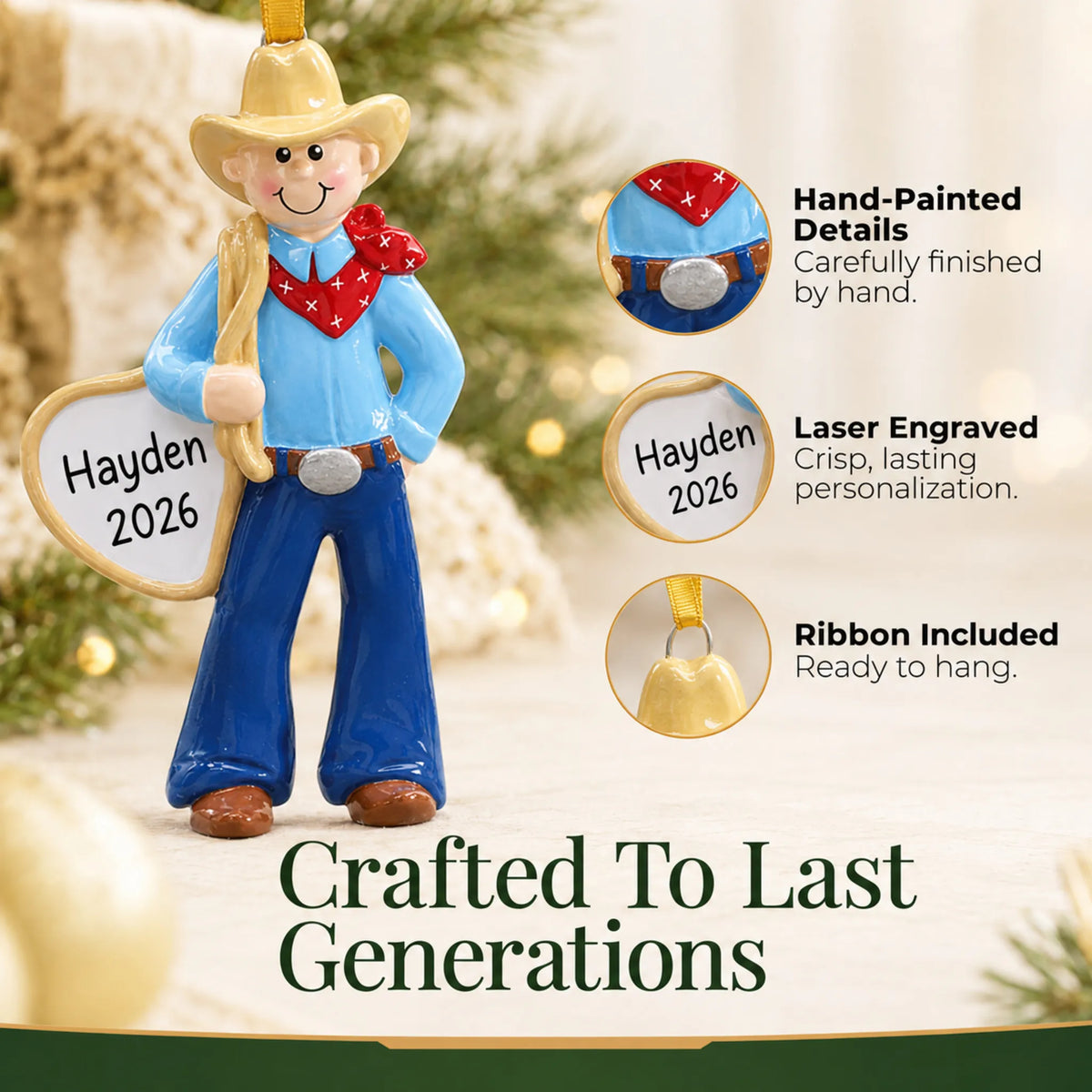 Hand-painted details and laser engraved personalization on the cowboy rodeo christmas ornament, ribbon included