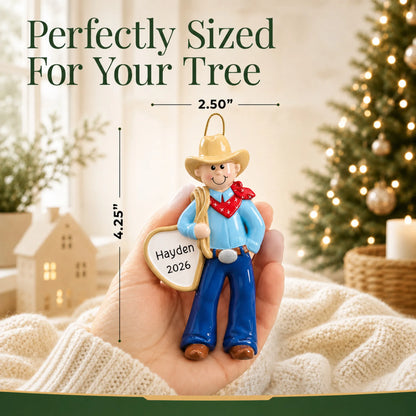 Size guide: the personalized cowboy rodeo christmas ornament is 2.50 in wide by 4.25 in tall, shown in hand
