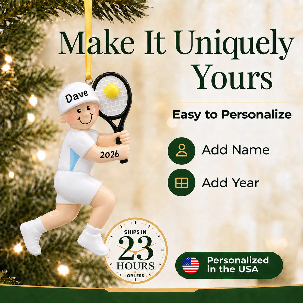 Make it yours: add name and year to the personalized tennis guy christmas ornament