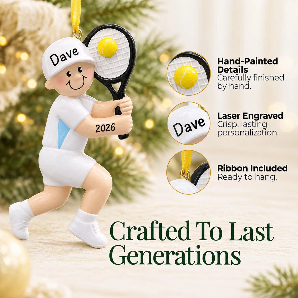 Hand-painted details and laser engraved personalization on the tennis guy christmas ornament, ribbon included