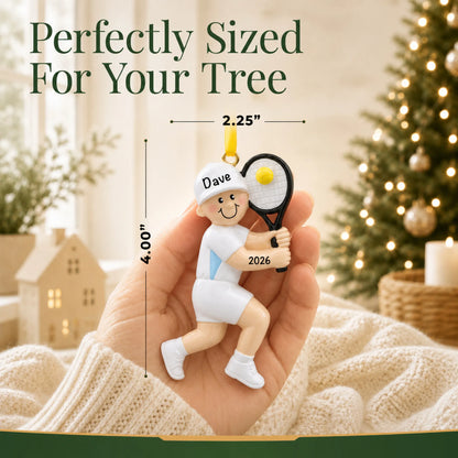 Size guide: the personalized tennis guy christmas ornament shown in hand next to a Christmas tree