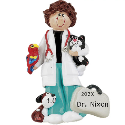 A personalized ornament featuring a smiling female veterinarian character holding a stethoscope and a cat. The background is white, and there is a tag with the name 'Dr. Nixon'.