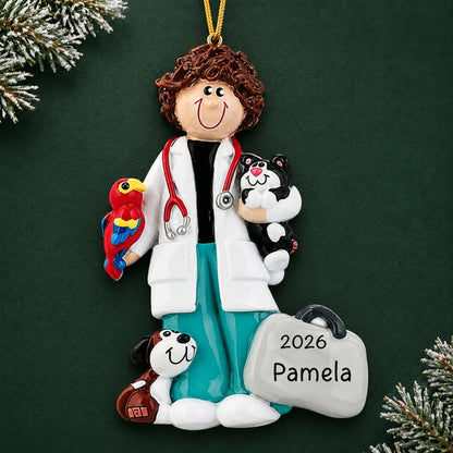 Personalized veterinarian girl christmas ornament on a dark green pine background