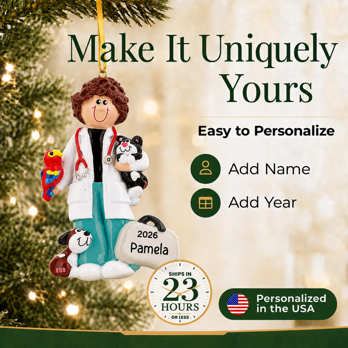 Make it yours: add name and year to the personalized veterinarian girl christmas ornament