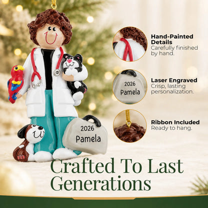 Hand-painted details and laser engraved personalization on the veterinarian girl christmas ornament, ribbon included