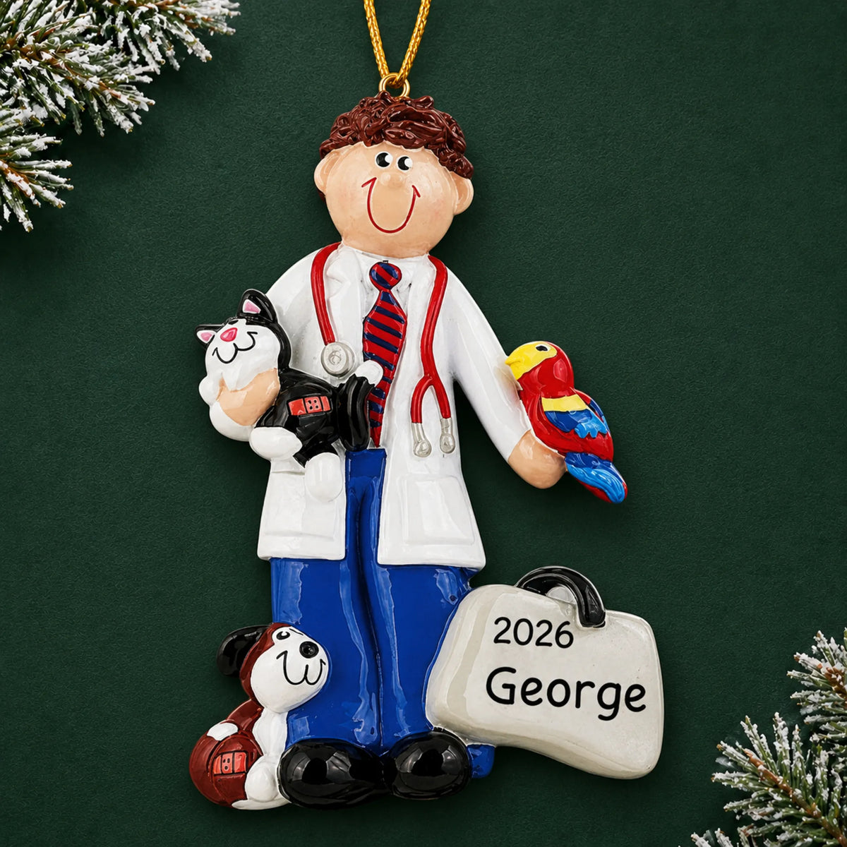 Personalized veterinarian guy christmas ornament on a dark green pine background