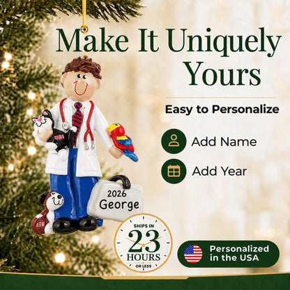Make it yours: add name and year to the personalized veterinarian guy christmas ornament
