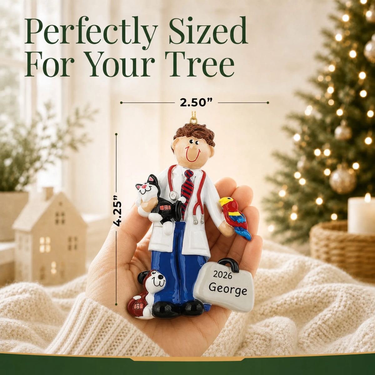 Size guide: the personalized veterinarian guy christmas ornament is 2.50 in wide by 4.25 in tall, shown in hand
