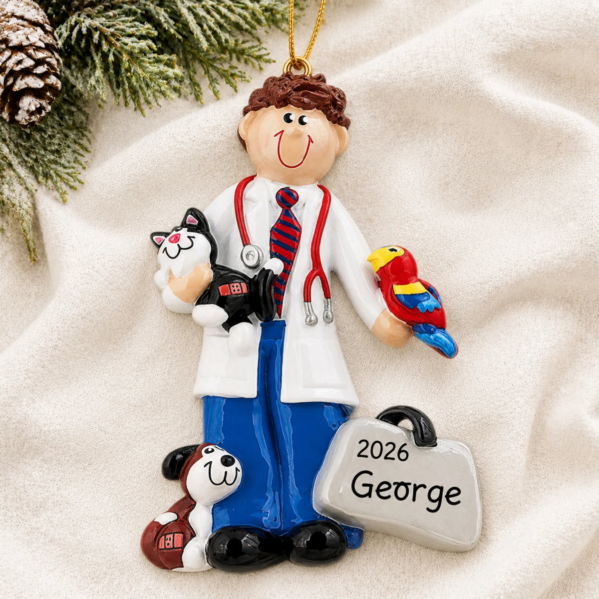 Personalized veterinarian guy christmas ornament laid on a soft white knit blanket