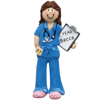 Female physical therapist ornament in blue scrubs holding clipboard, personalized with name and year