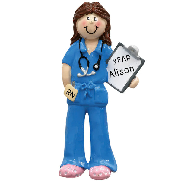 A personalized Christmas ornament featuring a nurse in blue scrubs with a stethoscope, holding a patient's chart that can be customized with a name and year.