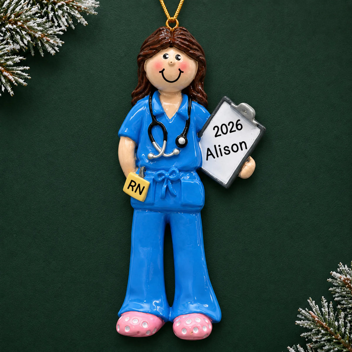 Personalized nurse christmas ornament on a dark green pine background