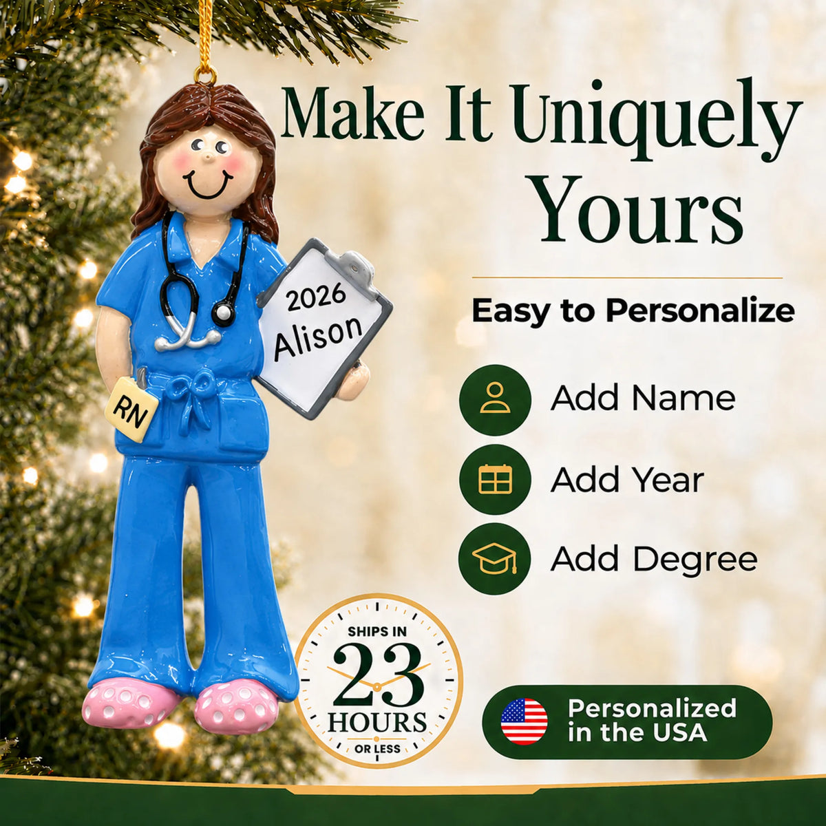 Make it yours: add name, degree and year to the personalized nurse christmas ornament