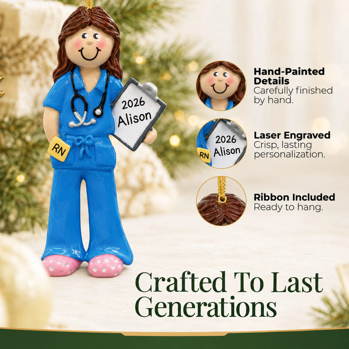 Hand-painted details and laser engraved personalization on the nurse christmas ornament, ribbon included